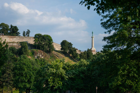 Victor statue on Kalemegdan fortress seen from the bottom in Belgrade, SerbiaPicture of the iconic victory statue seen on Belgrade's fortress, Kalemegdan. Also known as Pobednik, or Viktor, This statue is one of the symbols of Belgrade, Serbiaのeditorial素材