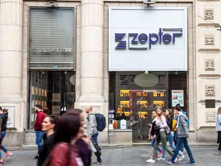 BELGRADE, SERBIA - MARCH 31, 2018: Entrance of a Zepter Shop with its logo and crowd pasisng in...