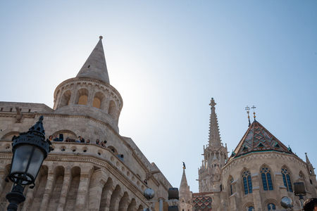 BUDAPEST, HUNGARY - APRIL 8, 2017: Fisherman's Bastion (Halaszbastya) on Budapest castle during the afternoon. This terrace in neo-Gothic and neo-Romanesque is one of the main Budapest attractionsのeditorial素材