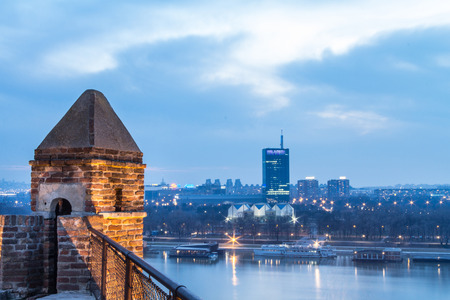 BELGRADE, SERBIA - FEBRUARY 21, 2015: Skyline of New Belgrade (Novi Beograd) seen in the early evening of the Kalemegdan fortress. The main landmarks of the district, such as Usce can be seenのeditorial素材
