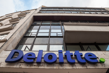BELGRADE, SERBIA - JULY 8, 2018: Logo of Deloitte on their main office building in Belgrade. Deloitte is one of the leading audit firms in the world, within the Big Four Groupのeditorial素材