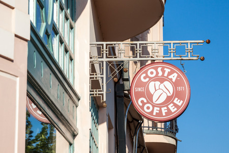 SZEGED, HUNGARY - JULY 2, 2018: Costa Coffee Logo on Szeged. Costa Coffee is a British multinational coffeehouse company spread worldwideのeditorial素材