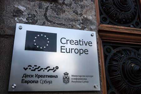 BELGRADE, SERBIA - JULY 11, 2018:  Logo Creative Europe on their Belgrade desk for Serbia. Creative...