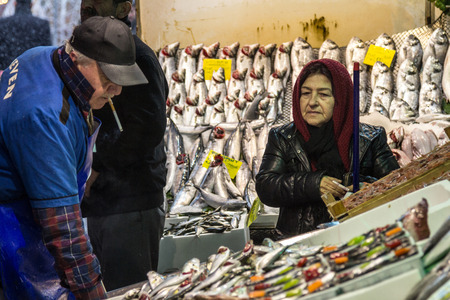 ISTANBUL, TURKEY - DECEMBER 30, 2015: Old woman wearing the islamic scarf buying fish in the fish market of Kadikoy, on the Asian side. Fish in the market usually comes from Bosporus

Picture of a senior woman wearing the islamic scarf buying some fish frのeditorial素材