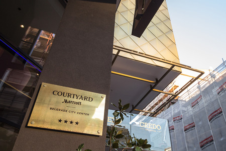 BELGRADE, SERBIA - SEPTEMBER 18, 2018: Courtyard Marriott logo on their main hotel in Serbia. Courtyard Marriott Corporation is a worldwide brand, owner and franchise of luxury hotels

Picture of the Courtyard Marriott sign on their hotel in Belgrade, Serのeditorial素材