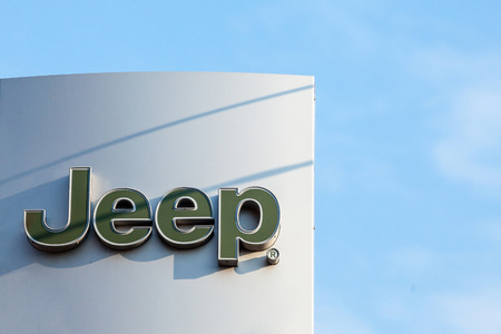 BELGRADE, SERBIA - OCTOBER 8, 2018: Jeep logo on their main dealership store Belgrade. Jeep is an...