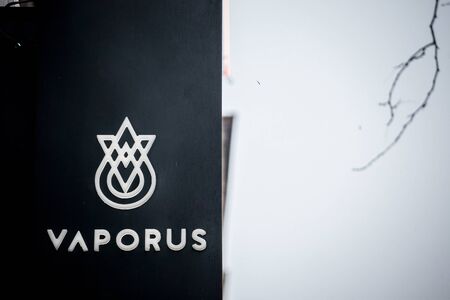 MONTREAL, CANADA - NOVEMBER 5, 2018: Vaporus logo on their main shop for Montreal. Vaporus is a...