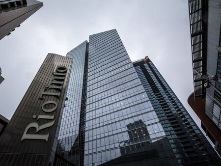 MONTREAL, CANADA - NOVEMBER 3, 2018: Logo of Rio Tinto on their main office for Montreal, Quebec....