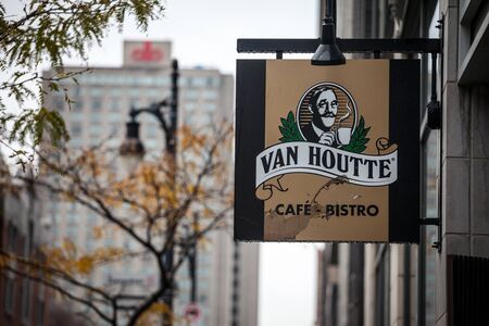 MONTREAL, CANADA - NOVEMBER 5, 2018: Van Houtte logo, in front of their local cafe in downtown Montreal, Quebec. Van Houtte is a Canadian chain of cafee and coffee products distributionのeditorial素材