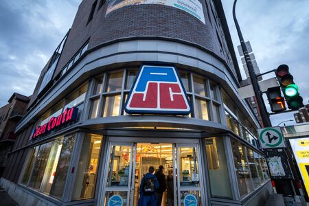 MONTREAL, CANADA - NOVEMBER 7, 2018:  Pharmacie Jean Coutu logo on their main shop for Montreal. Also known as PJC, Jean Coutu Group is a chain of pharmacies and drugstores in Quebecのeditorial素材
