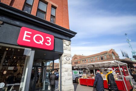 OTTAWA, CANADA - NOVEMBER 11, 2018: EQ3 logo in front of their local store in downtown Ottawa,...