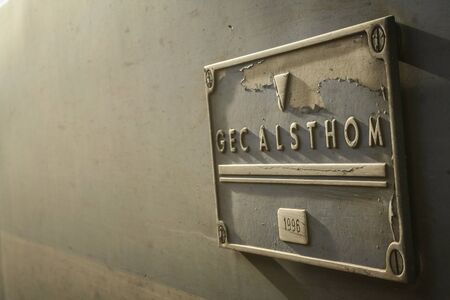 TOULON, FRANCE - OCTOBER 4, 2006: Manufacturer plaque on a French high Speed Train TGV with the logo of GEC-Alsthom, the previous name of the company Alstomのeditorial素材
