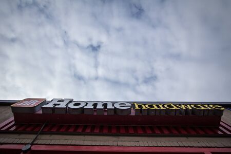 TORONTO, CANADA - NOVEMBER 12, 2018: Home Hardware logo in front of one of their stores in Toronto,...