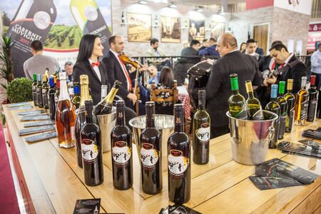 BELGRADE, SERBIA - FEBRUARY 23, 2018: Bottles of red wine from Serbia on display at a wine tasting stand in the center of Belgrade with Serbian agriculturers showing their production

Pictures of a bunch of re bottles of wine for sale while agriculturers のeditorial素材