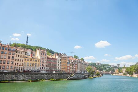 LYON, FRANCE - JULY 14, 2019: Panorama of Saone river and the Quais de Saone riverbank and riverside...
