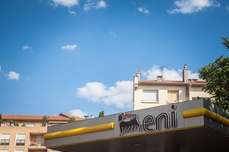 LYON, FRANCE - JULY 17, 2019: ENI logo in front of one of their gas station in Lyon. ENI is an Italian corporation producing and selling oil and gas in Europe and the worldPicture of a sign with the logo of ENI on their gas station in Lyon, France. Eni のeditorial素材