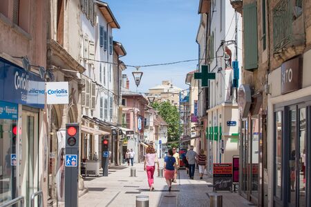 BOURGOIN-JALLIEU, FRANCE - JULY 17, 2019: Rue de la Liberte, a pedestrian street with traditional French architecture buildings in a commercial downtown zone with signs of restaurants & shops

Picture of some old traditional french buildings in a pedestriのeditorial素材