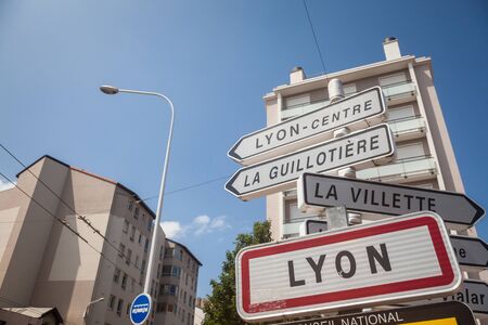 LYON, FRANCE - JULY 15, 2019: Roadsign indicating the entrance to Lyon. This sign is a standard...