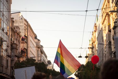 Rainbow flag raised out of a crowd during a Gay Pride next to a balloon. The rainbow flag is one of...