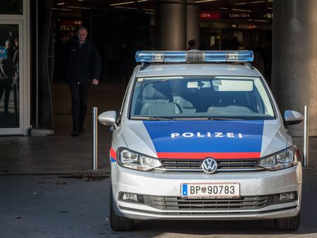 VIENNA, AUSTRIA - NOVEMBER 6, 2019: Austrian police car standing in a pedestrian way while patrolling. The Austrian Federal Police, or Bundespolizei, or Polizei, is the main police force in Austria.

Picture of a police car from the Federal Police of Austのeditorial素材