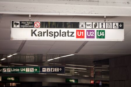 VIENNA, AUSTRIA - NOVEMBER 6, 2019: Karlsplatz metro station sign of Vienna, Austria, also called U-Bahn indicating the lines U1, U2 and U4. It is the  underground rail transit system of the city.

Picture of a sign indicating the entrance to the U-Bahn aのeditorial素材