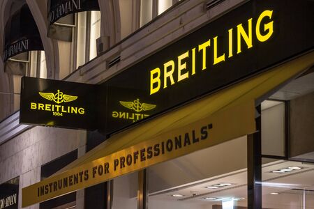 VIENNA, AUSTRIA - NOVEMBER 6, 2019: Breitling logo on their jewelry boutique in Vienna. Breitling is...