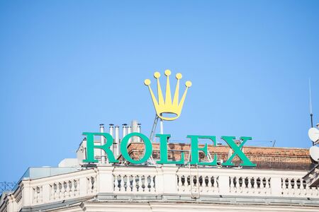 VIENNA, AUSTRIA - NOVEMBER 6, 2019: Rolex logo on a their main office for Vienna. Rolex is a Swiss luxury watchmaker specialized in watches and precision time instruments.Picture of the Rolex sign on a building in Vienna, Austria. Rolex is a Swiss luxurのeditorial素材