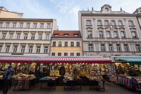 PRAGUE, CZECHIA - NOVEMBER 3, 2019: Halevske Trziste market in Prague, with a focus on stands selling souvenirs and arts items to tourists. It is the historical market of the old town.Picture of a the main market of the historical center of Prague, Czecのeditorial素材