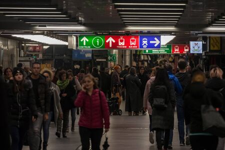 BRNO, CZECHIA - NOVEMBER 5, 2019: Crowd of people, mainly workers and commuters, walking in an undeground passage in the public transportation (MHD) hub of Brno, in Moravia.

Picture of people rushing in a crowded passage way, underground, in the city cenのeditorial素材