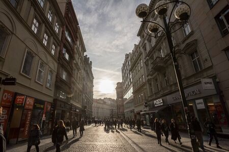PRAGUE, CZECHIA - NOVEMBER 2, 2019: Na Prikope street, in the city center of Prague, with pedestrians, shoppers and tourists, passing by shops. it's one of the most touristic places of the Old Town.

Picture of a panorama of Na Prikope street in Prague, Cのeditorial素材