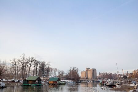 Panorama of the Tamis river, on Pancevo Waterfront in the center of the city, during a foggy afternoon.の写真素材