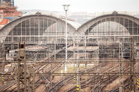 Main hall of Prague main train station, Czech Republic, with platforms, rails & trains, with the mention Praha Hlavni Nadrazi, meaning Central Railway Station. It is the most important railway hub of the city.

Picture of the platforms and departures hallのeditorial素材