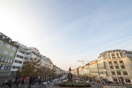 PRAGUE, CZECHIA - OCTOBER 31, 2019: Panorama of Vaclaske Namesti, or Wenceslas square, with the...