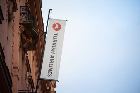 PRAGUE, CZECHIA - NOVEMBER 1, 2019: Turkish Airlines logo in front of their main office for Prague....