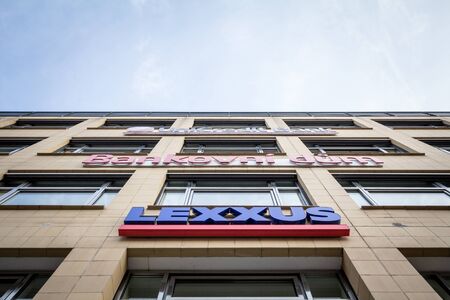 PRAGUE, CZECHIA - NOVEMBER 1, 2019: Lexxus logo in front of their main office in Prague. Lexxus is one of biggest Real estate agents and brokers in Czech Republic.Picture of a sign with the logo of Lexxus taken on the headquarters of the company in Pragのeditorial素材