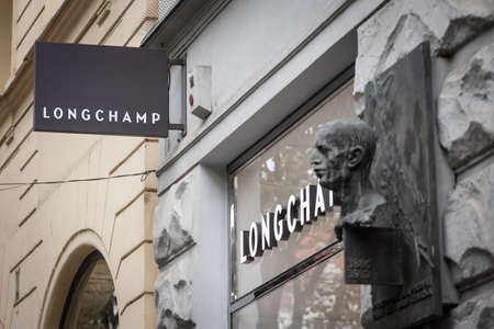 PRAGUE, CZECHIA - NOVEMBER 1, 2019: Longchamp logo on their Prague main shop. Longchamp is a French...