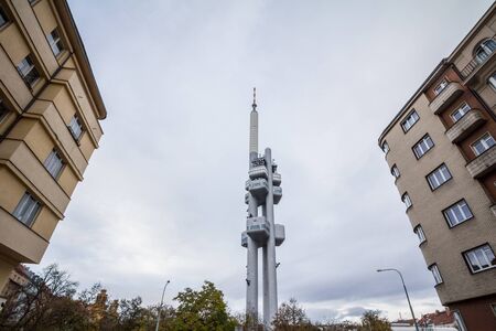 Panorama  the Prague Television Tower, in Zizkov district, in autum during a rainy afternoon.の写真素材