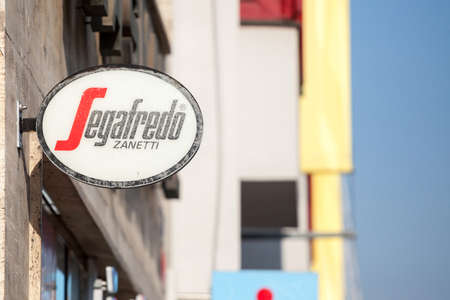 PRAGUE, CZECHIA - NOVEMBER 2, 2019: Segafredo Zanetti logo in front of one of their retailer cafes in Prague. Segafredo is an italian coffee producer, distributor and retailer.Picture of a sign with the logo of Segafredo Zanetti in front of a bar in Praのeditorial素材