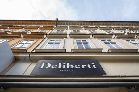 PRAGUE, CZECHIA - NOVEMBER 1, 2019: Deliberti logo in front of their main boutique for Prague. Deliberti is a fashion designer, manufacturer and retailer from Italy.

Picture of a sign with the logo of Deliberti taken on their main store for Prague, Czechのeditorial素材
