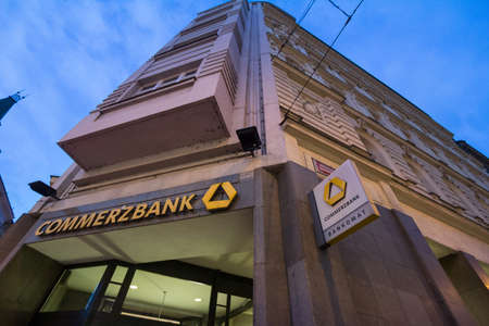 PRAGUE, CZECHIA - NOVEMBER 2, 2019: Commerzbank logo on their main office for Prague. Commerzban AG is the second biggest retail bank in Germany, spread in Central Europe.Picture of a sign with the logo of Commerzbank on their main branch for Prague, Czのeditorial素材