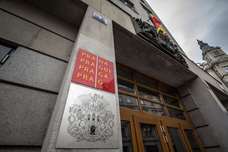 PRAGUE, CZECHIA - NOVEMBER 1, 2019: Sign with the official logo of the city of Prague on display on...