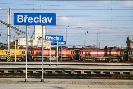 BRECLAV, CZECHIA  - MARCH 16, 2013: Cargo freight locomotives from CD cargo waiting near the...