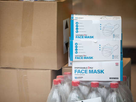 BELGRADE, SERBIA - MAY 5, 2020: Boxes of disposable face masks ready to be sold in a pharmacy.