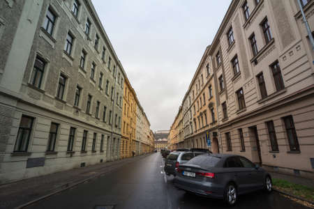 BRNO, CZECHIA - NOVEMBER 5, 2019: Typical street of Brno in autumn, during a cloudy rainy afternoon,...