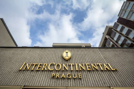 PRAGUE, CZECHIA - NOVEMBER 1, 2019: Intercontinental logo on their main hotel in Prague....