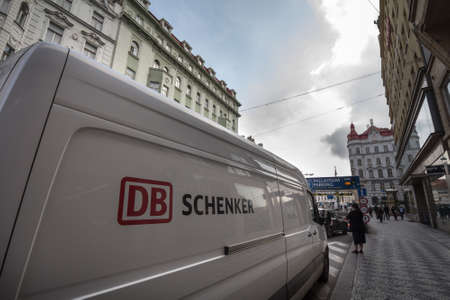 PRAGUE, CZECHIA - NOVEMBER 1, 2019: DB Schenker logo on delivery truck in Prague. DB Schenker, part of Deutsche bahn, is German Logistics company providing courier, parcel & express mail services.Picture of a sign with the logo of DB Schenker taken on aのeditorial素材