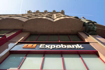 PRAGUE, CZECHIA - OCTOBER 31, 2019: Expobank logo in front of their local office in Prague. Expobank is a retail bank from Czech Republic spread in Eastern Europe.Picture of a sign with the logo of Expobank in front of their local office in downtown Praのeditorial素材