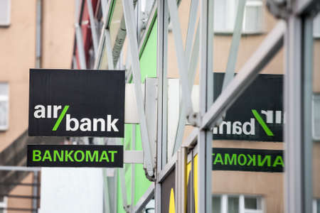 PRAGUE, CZECHIA - NOVEMBER 2, 2019: Air Bank logo  in front of their main ATM for Prague. Part of PPF Group, Air Bank is an online digital direct bank specialized in financial services and retail banking.Picture of a sign with the logo of Air Bank takenのeditorial素材