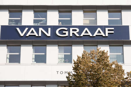 PRAGUE, CZECHIA - OCTOBER 31, 2019: Van Graaf logo in front of their store for Prague.のeditorial素材