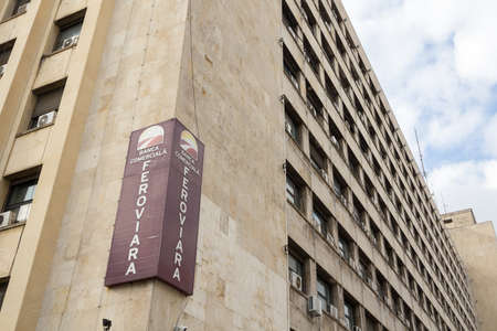 BUCHAREST, ROMANIA - FEBRUARY 15, 2020: Banca Comerciala Feroviara logo in front of their local office in central Bucharest.のeditorial素材